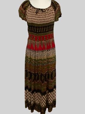 Womens Colorful Smocked Short Sleeve Midi Summer Vacation Dress-Sz-S